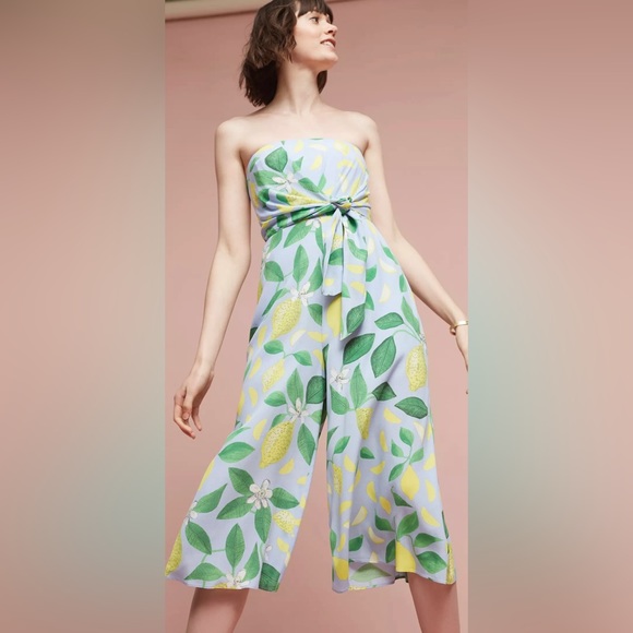 Anthropologie Maeve blue lemon grove strapless tie knot cropped jumpsuit - Picture 1 of 6
